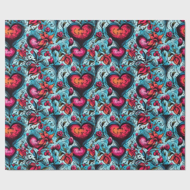 Tattoo Blue Hearts Theme Geschenkpapier (Saum)