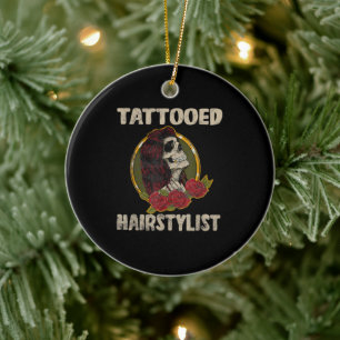 Tattoo Geschenk I Skull Damen Friseurin Keramik Ornament