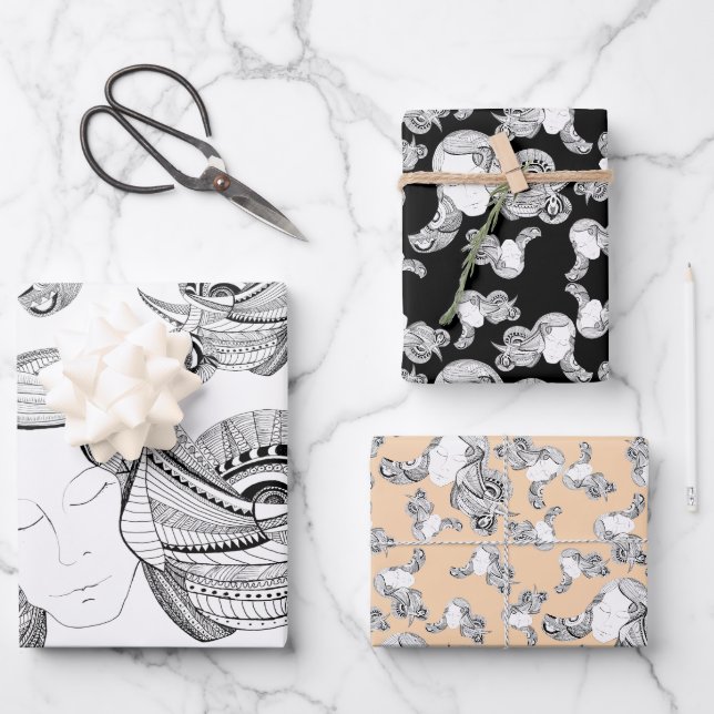 Tattoo Girl Schwarz und Weiß Geschenkpapier Set (Vorderseite)