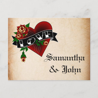 Tattoo Herz und Rose Save the Date Ankündigungspostkarte