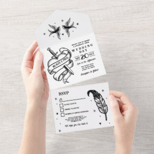 Tattoo-Hochzeitseinladung & RSVP Herz Vögel All In One Einladung