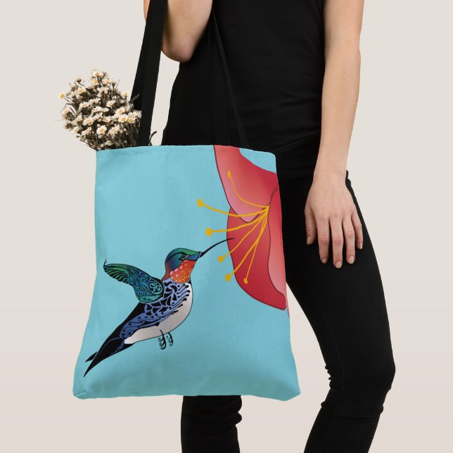 Tattoo Hummingbird und Rote Blume Exotic Tasche (Von Nahem)