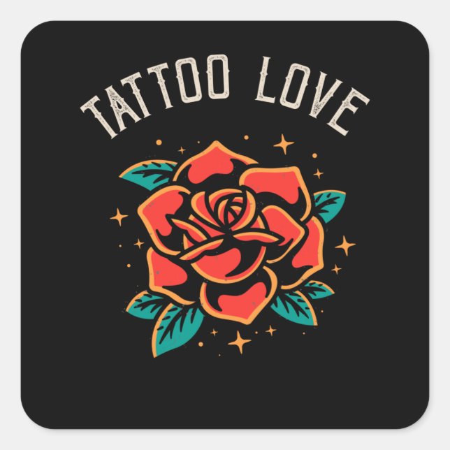Tattoo Liebe Rose Tatoo Style Illustration Quadratischer Aufkleber (Vorderseite)