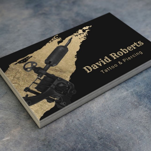 Tattoo & Piercing Tattoo Gun & Gold Pinselstrich Visitenkarte (Von Creator hochgeladen)