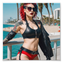 Tattoo Punk Red Hair Beach Shades Swimsuit Girl Fotodruck