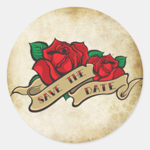 Tattoo-Rose Rockabilly Save-the-Date-Hochzeits Sie Runder Aufkleber