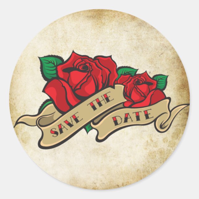 Tattoo Rose Rockabilly Save the Date HochzeitsSieg Runder Aufkleber (Vorderseite)