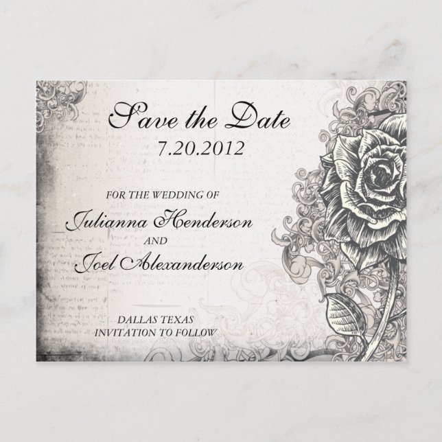 Tattoo Rose Save the Date Hochzeit Postkarte (Vorderseite)