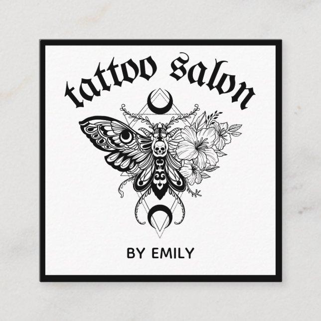 Tattoo Salon Butterfly Moth Black & White Quadratische Visitenkarte (Vorderseite)