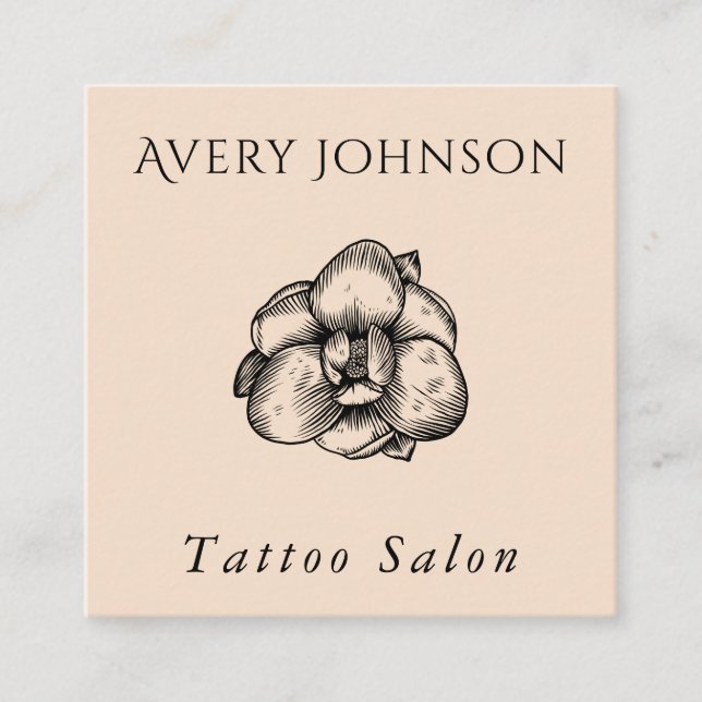 Tattoo Salon Elegante Gezeichnet Blume & Social Me Quadratische Visitenkarte (Vorderseite)