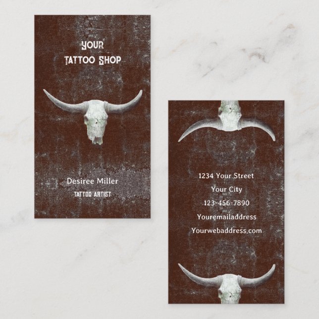 Tattoo Shop Bull Skull Rodeo Brown White Western Visitenkarte (Vorne/Hinten)