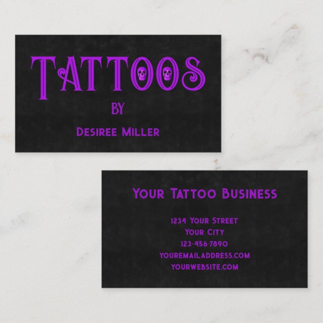 Tattoo Shop Girly Purple Black Skull Business Card Visitenkarte (Vorne/Hinten)