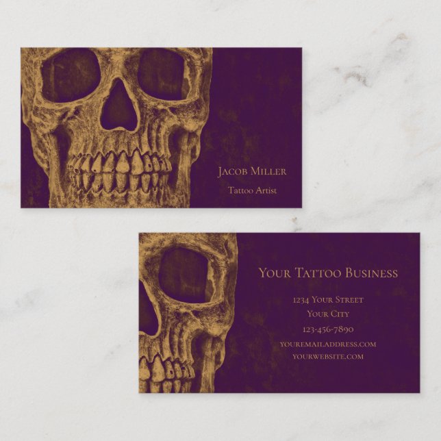 Tattoo Shop Gold Lila Gothic Skull Head Visitenkarte (Vorne/Hinten)