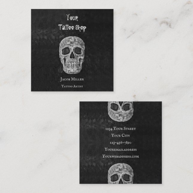 Tattoo Shop Gothic Black and White Skull Head Quadratische Visitenkarte (Vorne/Hinten)