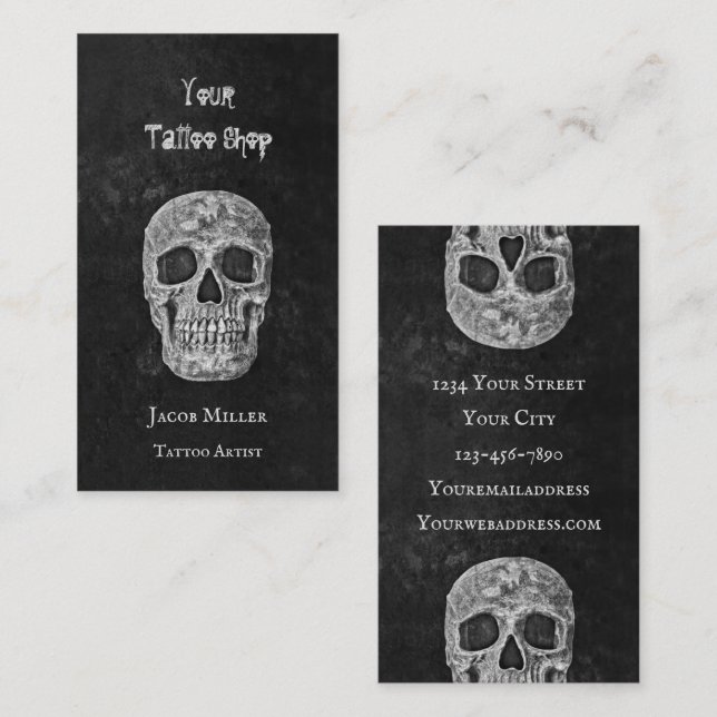 Tattoo Shop Gothic Black and White Skull Head Visitenkarte (Vorne/Hinten)