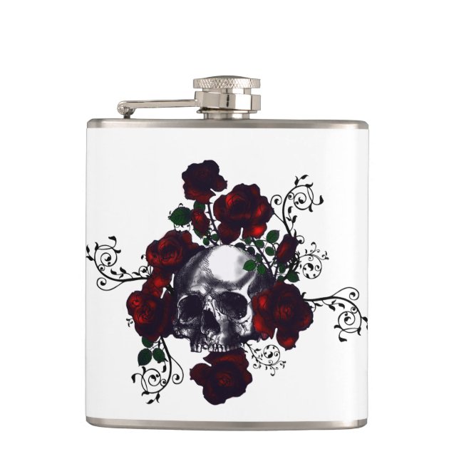 Tattoo Skull and Rote Rosen Goth Flask Flachmann (Vorderseite)