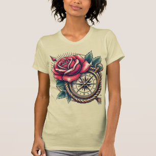 Tattoo-Stil-Rosen- und Kompass-T-Shirt-Design T-Shirt