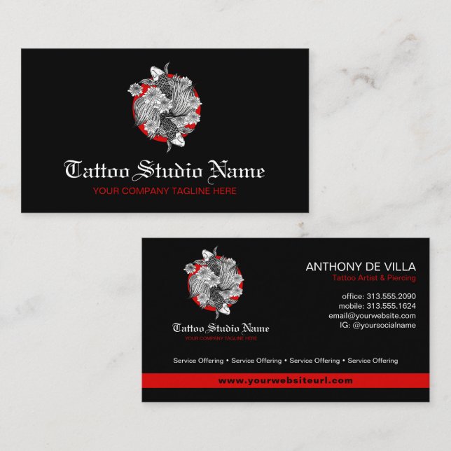 Tattoo Studio, Tattoo Artist - Koi Fish Art Logo Visitenkarte (Vorne/Hinten)