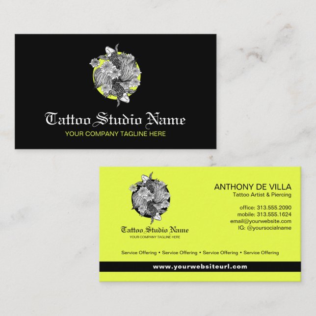 Tattoo Studio, Tattoo Artist - Neon Koi Fish Logo  Visitenkarte (Vorne/Hinten)