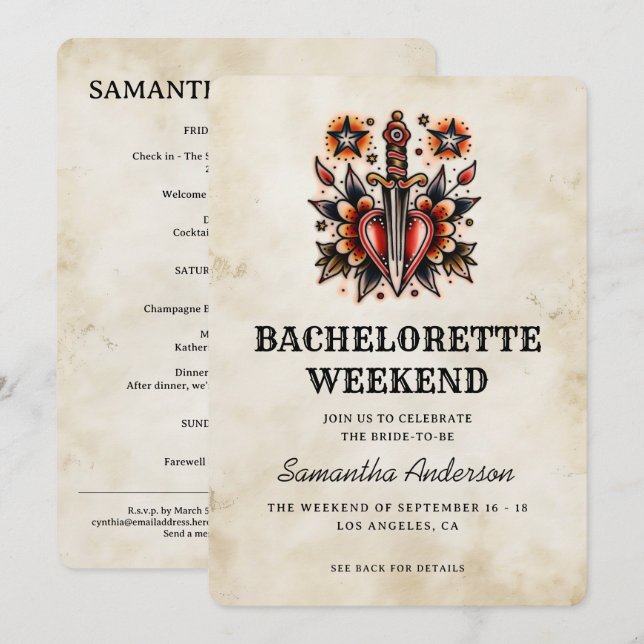 Tattoo Style Herzdagger Retro Bachelorette Einladung (Vorne/Hinten)