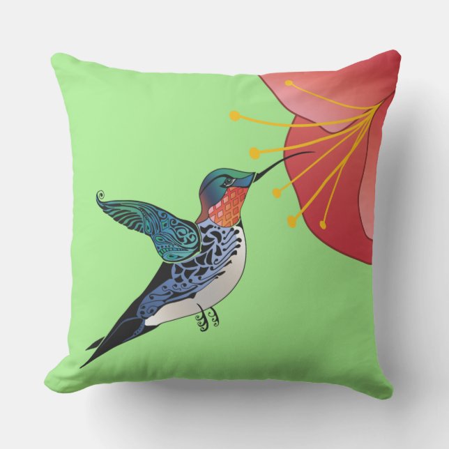 Tattoo Style Hummingbird Red Tropical Blume Kissen (Vorderseite)