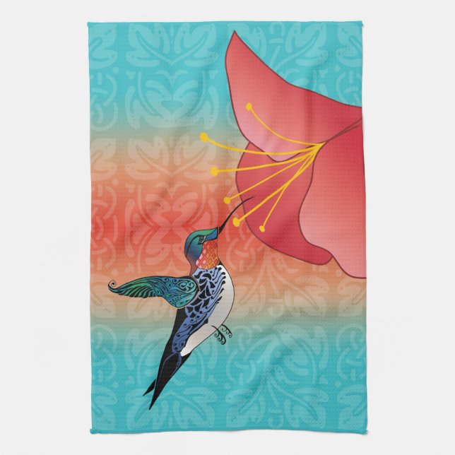 Tattoo Style Hummingbird und Red Blume Ombre Geschirrtuch (Vertikal)