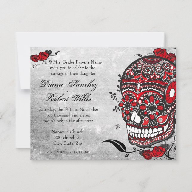 Tattoo Style Muerte Skull und Schnörkel laden ein Einladung (Vorderseite)