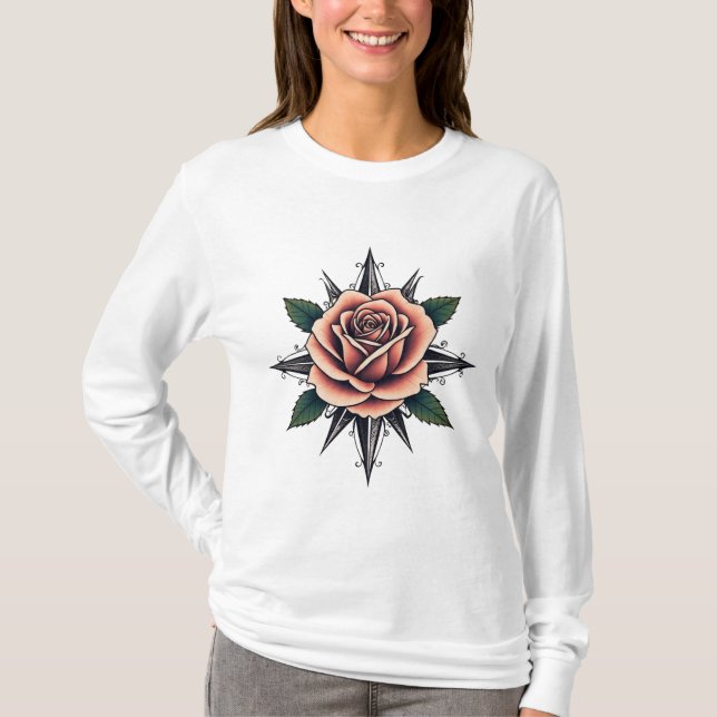 Tattoo Style Rose Compass T-Shirt Design (Devant)