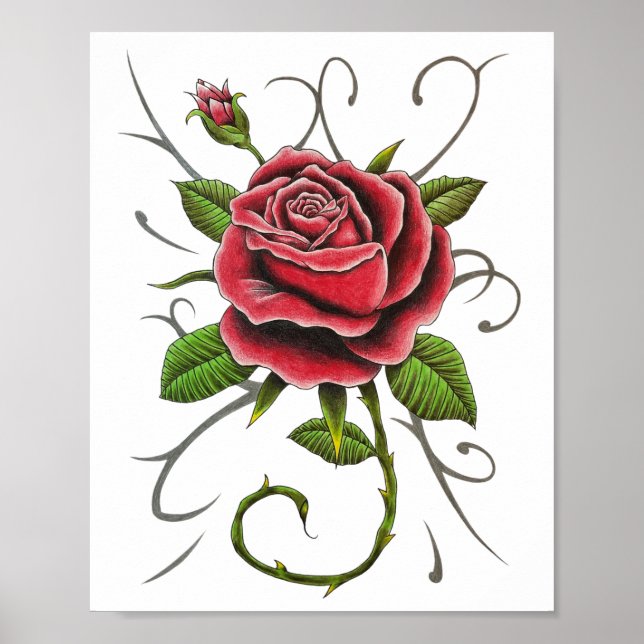 "Tattoo Style Rote Rose" Plakatdruck Poster (Vorne)