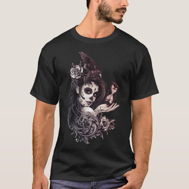 Tattoo Style Sugar Skull Girl with Bird T-Shirt (Vorderseite)