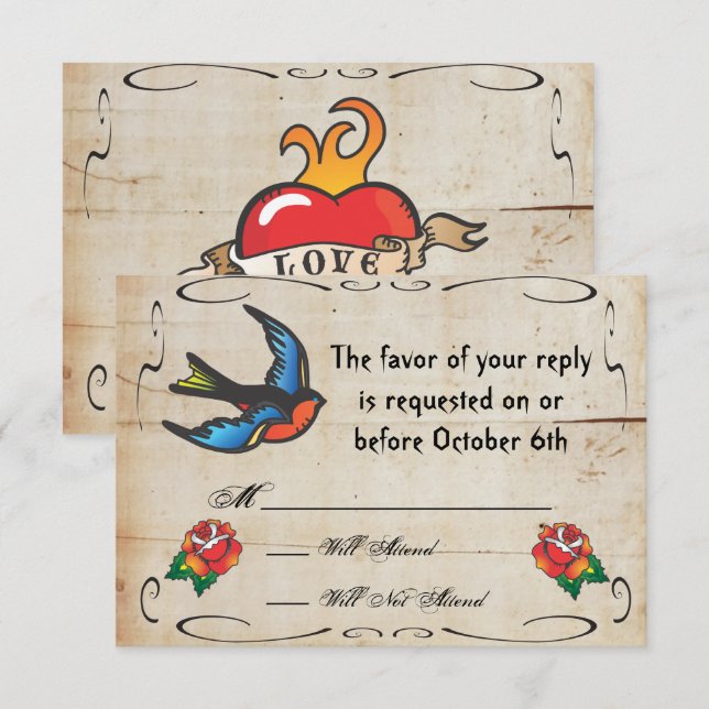 Tattoo Wedding RSVP Card Karte (Vorne/Hinten)