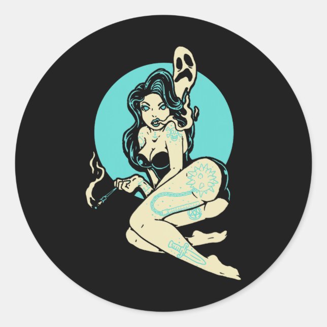 Tattooed Goth Button-up Girl Horror Ghost Moon Roc Runder Aufkleber (Vorderseite)