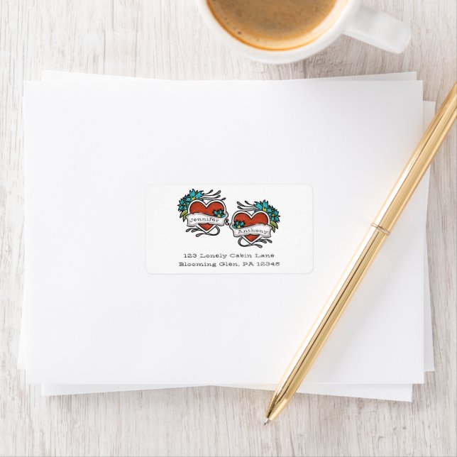 Tattooed Hearts, Tattoo Graphic Wedding Adressaufkleber (Insitu)