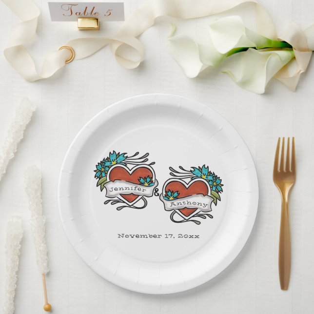 Tattooed Hearts, Tattoo Graphic Wedding Pappteller (Hochzeit)
