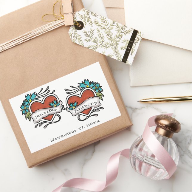 Tattooed Hearts, Tattoo Graphic Wedding Rechteckiger Aufkleber (Schenken)