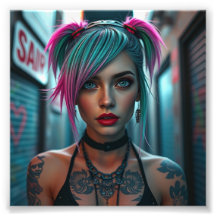 Tattooed Punk Girl with Neon Hair in Urban Alley