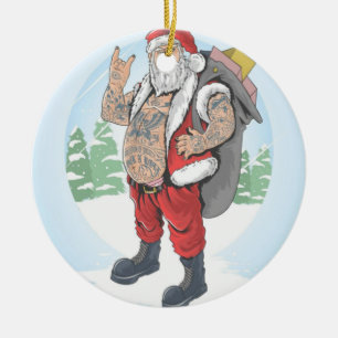 TATTOOED SANTA CLAUS FÜHRT EINEN GESCHENKELBAND KERAMIK ORNAMENT