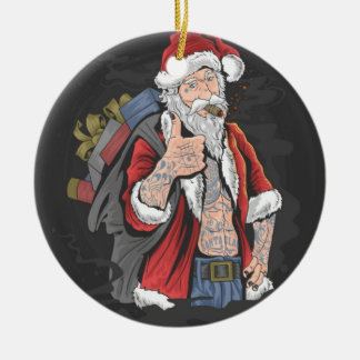 TATTOOED SANTA CLAUS GIVING THUMBS UP KERAMIK ORNAMENT