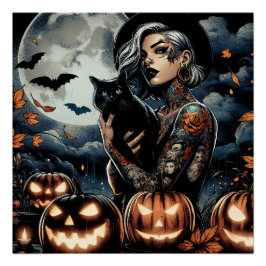 Tattooische Hexe mit schwarzer Katze und Vollmond Poster
