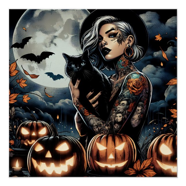 Tattooische Hexe mit schwarzer Katze und Vollmond Poster (Vorderseite)