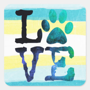 Tatzendruck Liebe-Hundeaquamarine und gelbe Quadratischer Aufkleber