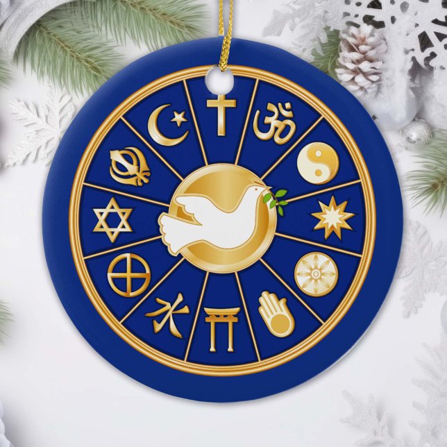 Taube des Friedens Keramikornament (Gold icons of world faiths surround the Dove of Peace, an international symbol of harmony. )
