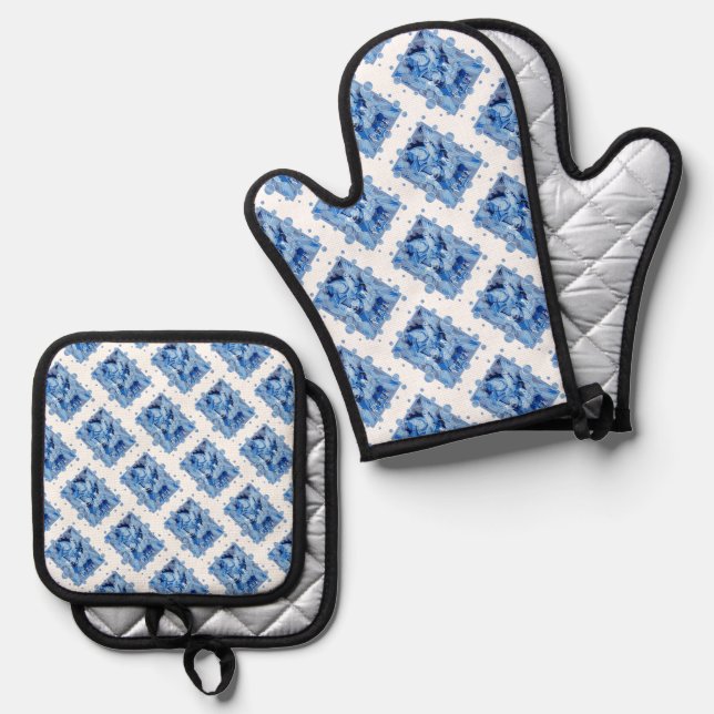 Taube mit keltischem Friedenstext in blauen Tönen Ofenhandschuh & Topflappen-Set (Vorderseite/Rückseite)