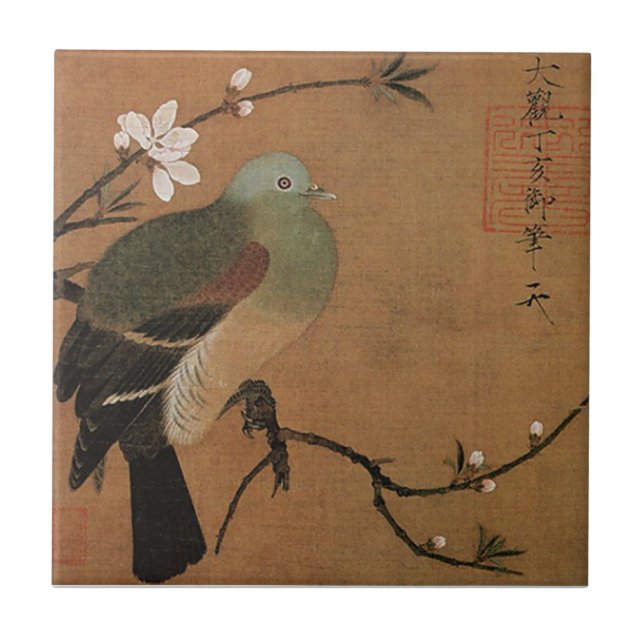 Taube und Blüten - Momohatozu Fliese (Vorderseite)