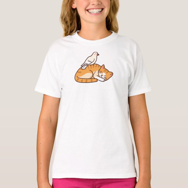 Taube und Katze T-Shirt (Vorderseite)