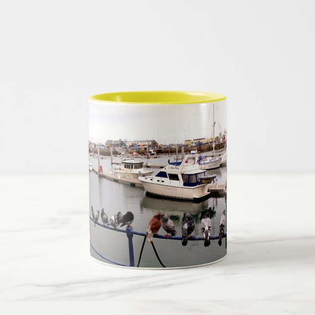 TAUBEN AN GUERNSEY-JACHTHAFEN ZWEIFARBIGE TASSE (Mittel)