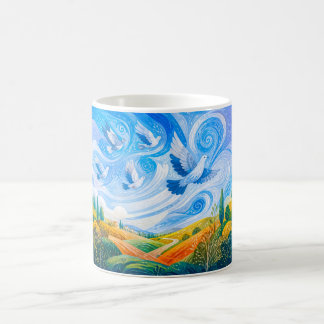 Tauben, die im Wind über einen Hang am Stadtrand g Kaffeetasse
