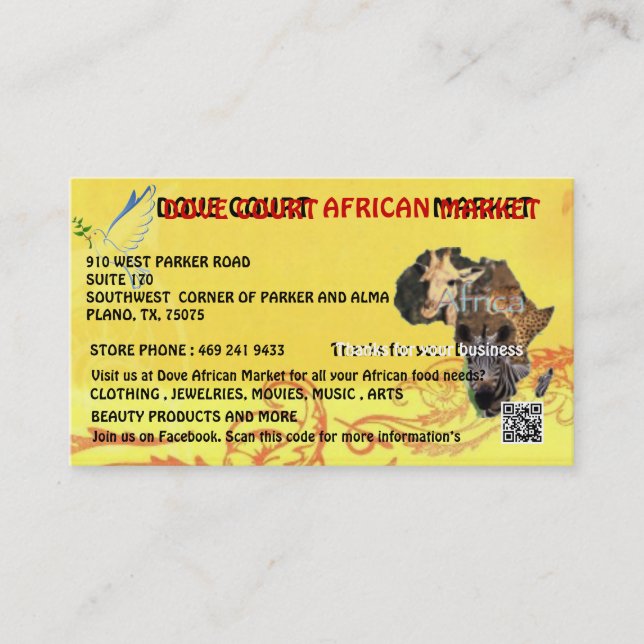 TAUBEN-GERICHTS-ENTWARF AFRIKANISCHE MARKT-KARTE VISITENKARTE (Vorderseite)