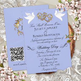 Tauben, Herzen, QR-Code - Blaue Perle/Gold Einladung