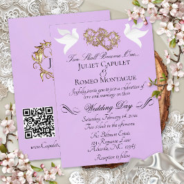 Tauben, Herzen, QR-Code - Lavendel Perle/Gold Einladung